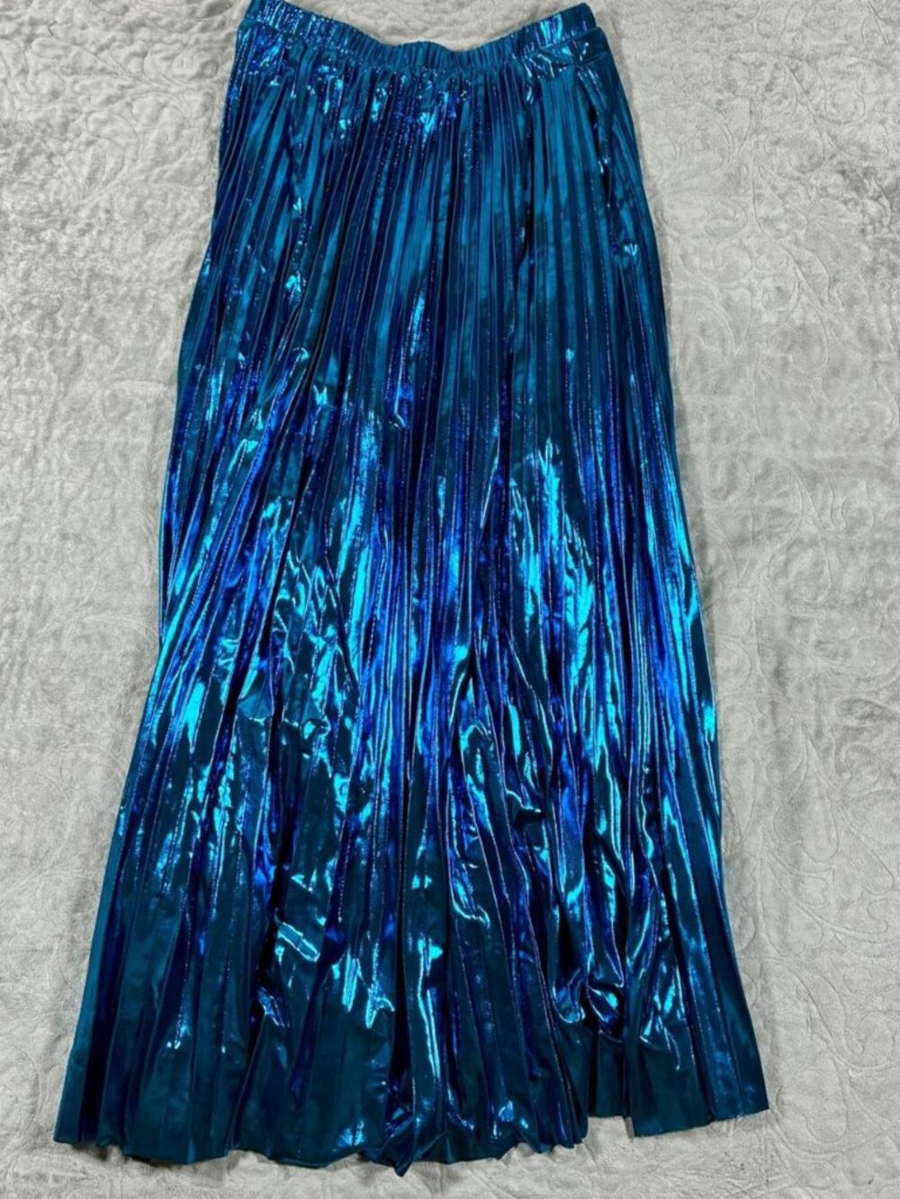 Dressed in LALA Pleated Metallic Maxi Skirt Size M Blue Dopamine Maximalist